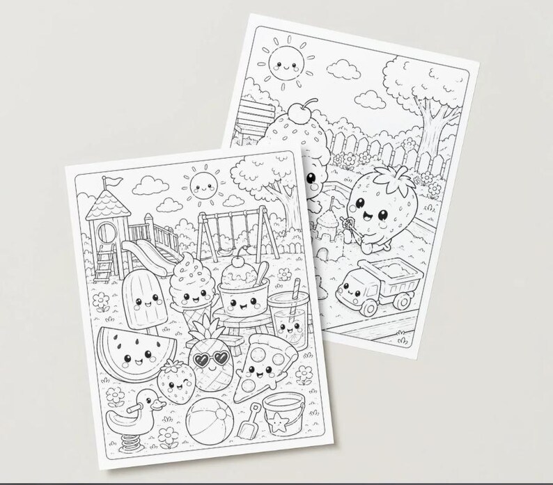 May include: Two black and white colouring pages with summer-themed illustrations. One page shows a playground with smiling ice cream, watermelon, and other food items. The other page depicts a strawberry and other food items.