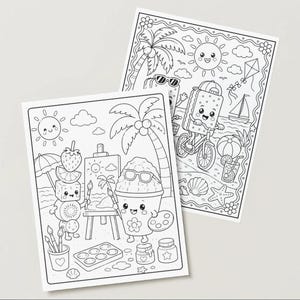 May include: Two black and white colouring pages with summer-themed illustrations. One shows a smiling sun, palm trees, and a character on a bicycle. The other depicts a beach scene with cute food characters.