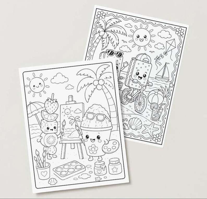 May include: Two black and white colouring pages with summer-themed illustrations. One shows a smiling sun, palm trees, and a character on a bicycle. The other depicts a beach scene with cute food characters.