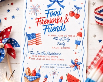 Invitación para fiesta del 4 de julio, plantilla de invitación para barbacoa patriótica, fiesta de vacaciones de verano (descarga digital)