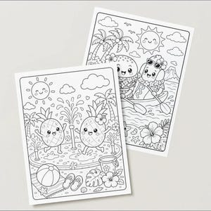 May include: Two black and white colouring pages with tropical scenes. One shows smiling pineapples playing in a pool with a beach ball and flip-flops. The other depicts a hot dog and an ice cream cone in a canoe, with a sun and palm trees.