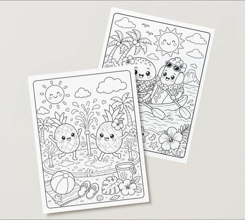 May include: Two black and white colouring pages with tropical scenes. One shows smiling pineapples playing in a pool with a beach ball and flip-flops. The other depicts a hot dog and an ice cream cone in a canoe, with a sun and palm trees.