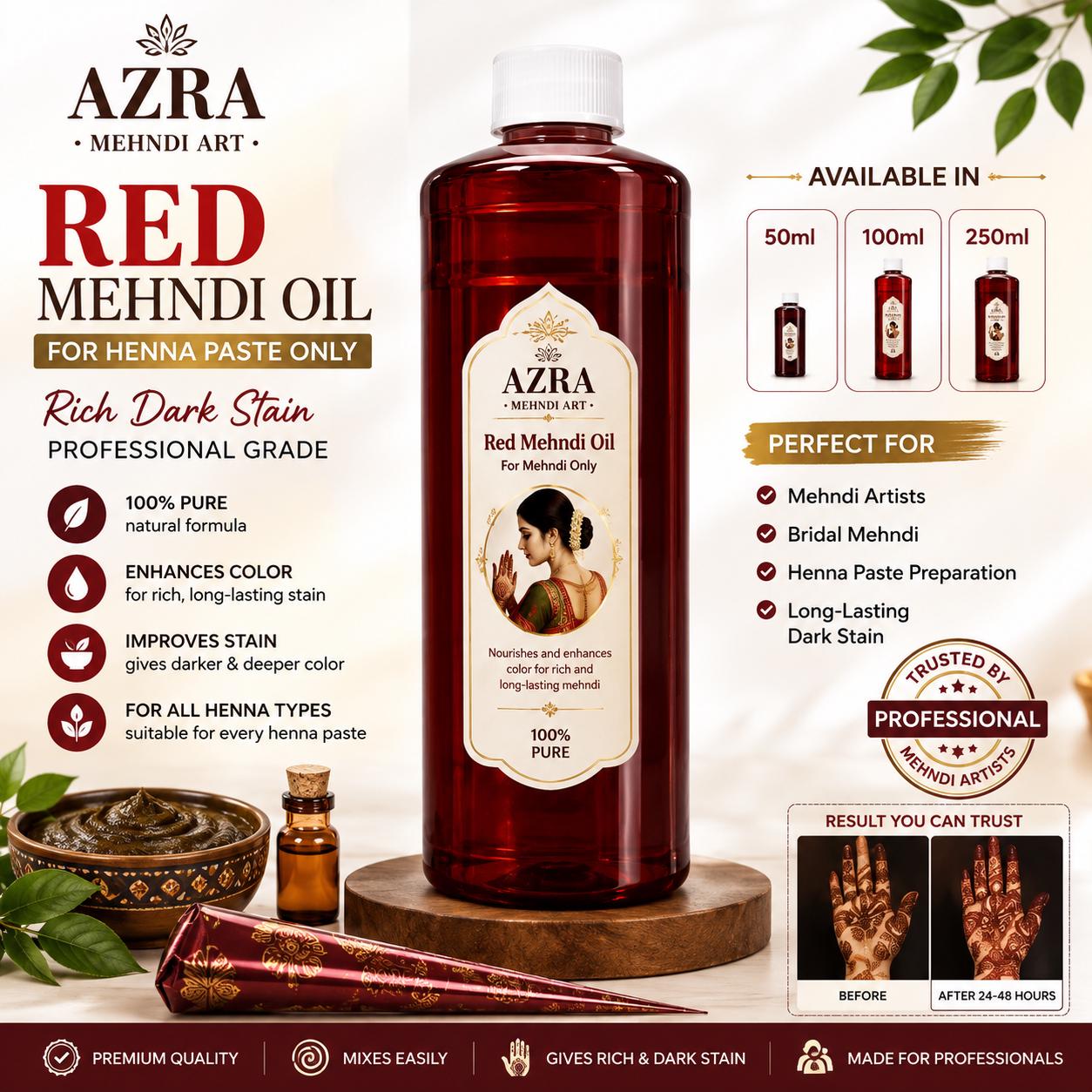 Red Mehndi Oil for Henna Paste Rich Dark Long-Lasting Stain