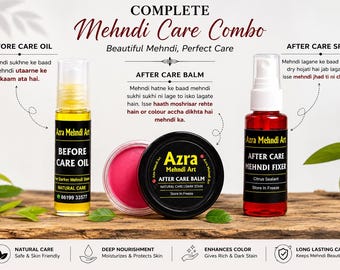 Azra Mehndi Care Combo | Before Care Oil + After Care Balm + Mehndi Fixer Spray | Dark Stain Mehndi Kit | Henna Aftercare Set