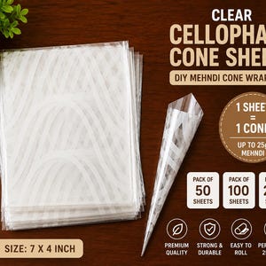 Láminas de celofán transparente en forma de cono para envoltorios de henna caseros / 7 x 4 pulgadas, tamaño del cono: 25 g