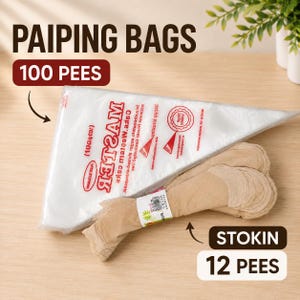 May include: A pack of 100 clear plastic piping bags labeled MASTER and a pack of 12 beige stockings. The piping bags feature red text and graphics, while the stockings are bundled together with a white label containing a barcode and text.