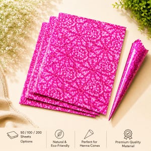 May include: A stack of rectangular sheets and a single cone made of bright pink material with a repeating geometric star pattern. The bottom of the image displays text indicating 50, 100, or 200 sheet options, natural and eco-friendly, henna cones, and premium quality material.