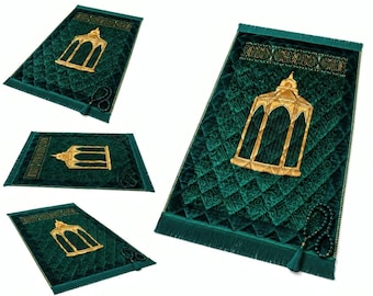 Luxury Velvet Prayer Mat and Pearl Tasbeeh Set, Islamic Janamaz, Muslim Wedding Gift