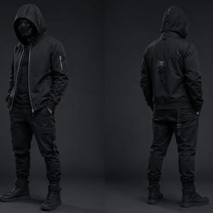 Svart Techwear-set för män: Bomberjacka med huva, Cargo-joggingbyxor, Cyberpunk-stil
