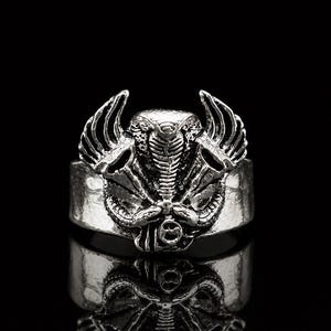 Può includere: Un anello in metallo color argento con un rilievo dettagliato di un cobra con il cappuccio spiegato. La fascia presenta una finitura martellata e testurizzata, mentre il design centrale mostra squame complesse e motivi alari simmetrici.