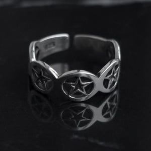 925 Sterling Silver Pentagram Ring Witchy Wiccan Gothic Adjustable Band