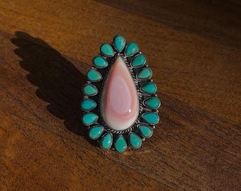 Pink Opal Turquoise Statement Ring, Sterling Silver Handmade Southwestern Boho Cocktail Jewelry for Women