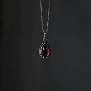 Sterling Silver Garnet Teardrop Necklace Gothic January Birthstone Gift for Her Handmade