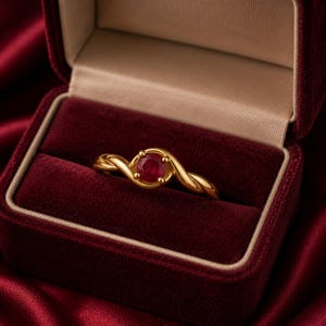 Peut inclure: Une bague en or ornée d'une pierre précieuse rouge ronde et facettée, fixée par quatre griffes. L'anneau présente un design torsadé en forme de corde. La bague est présentée dans un écrin en velours rouge foncé avec une doublure crème.
