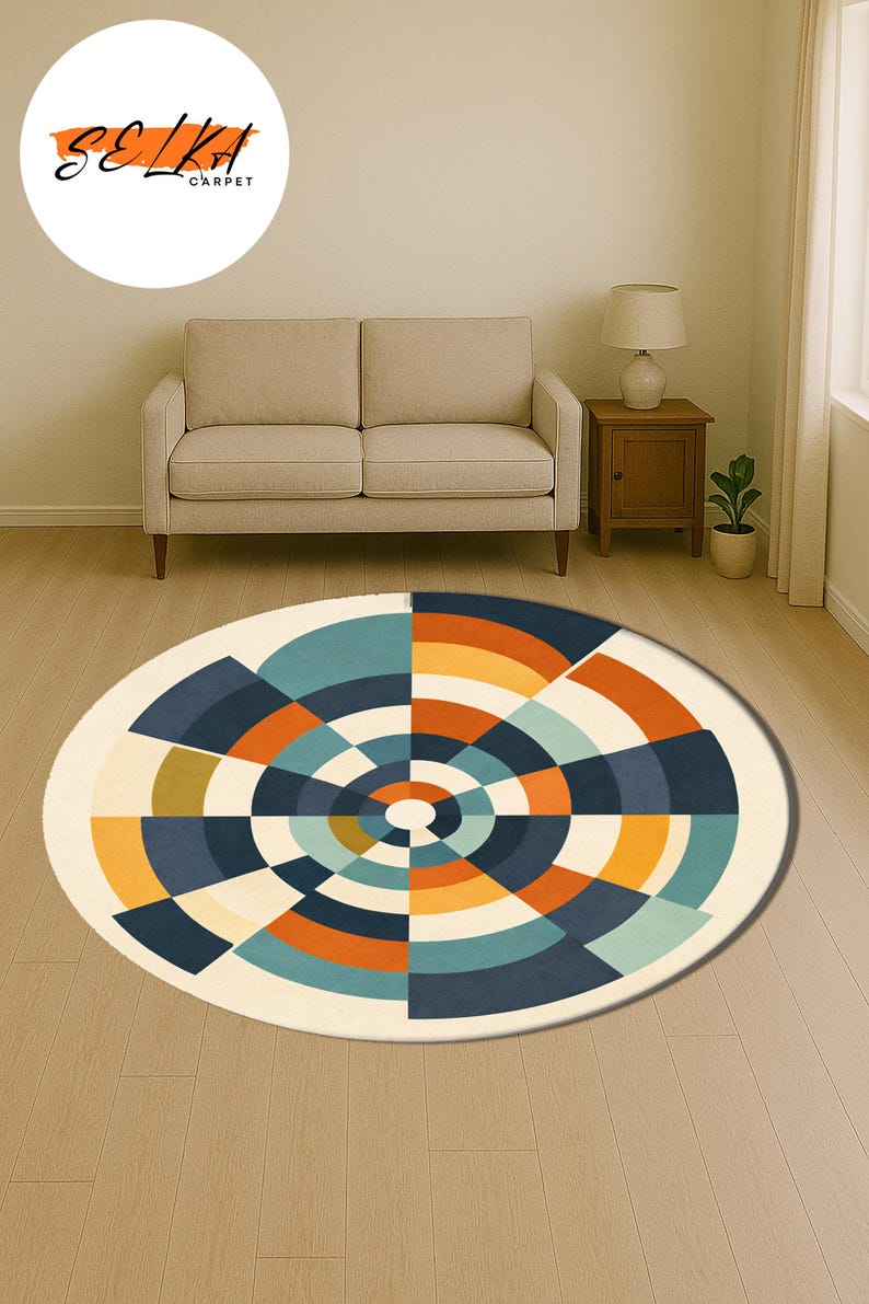 Mid Century Modern Round Rug, Geometric Circle Carpet, Retro Abstract ...