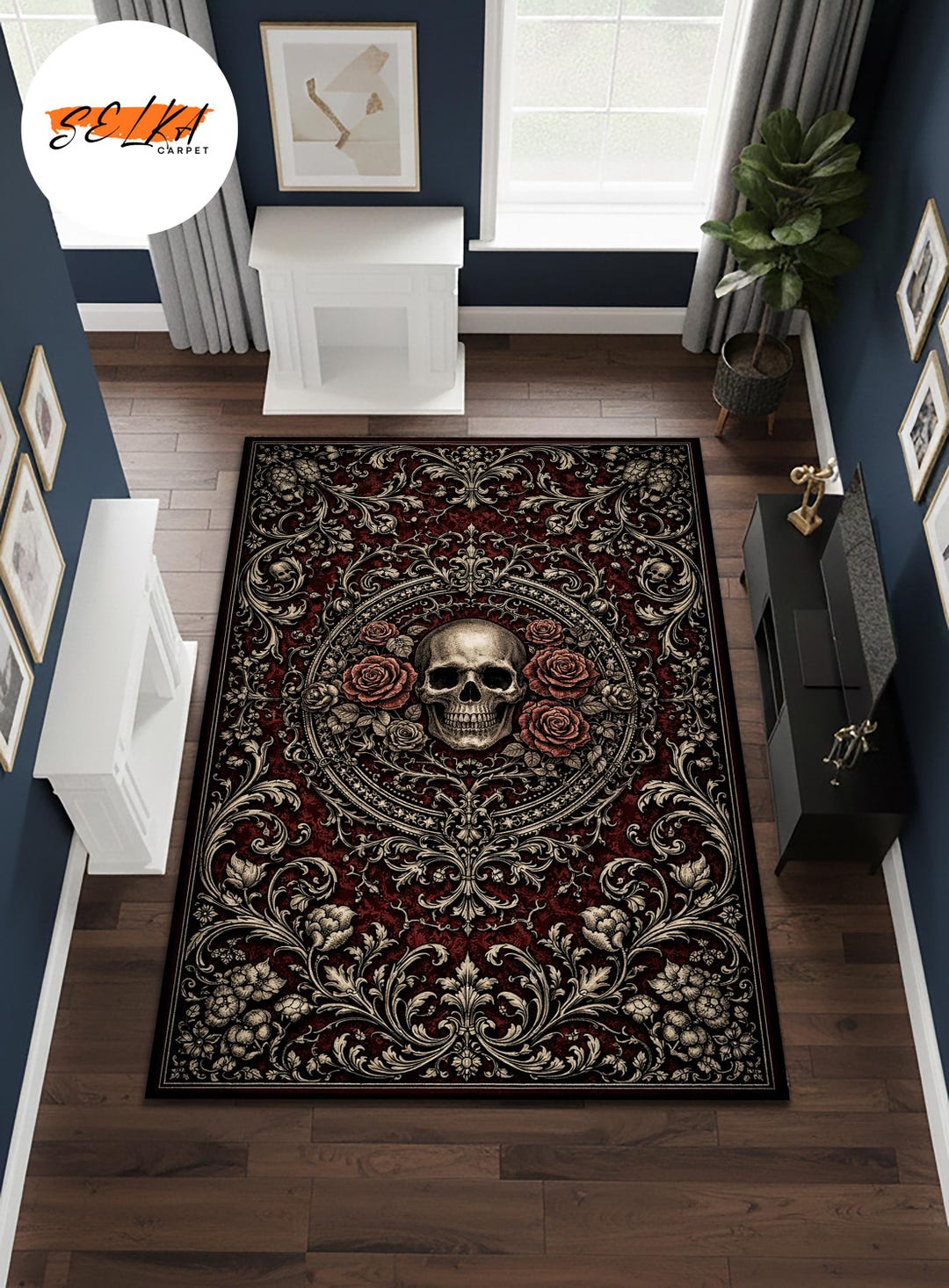 Gothic Skull Floral Rug, Dark Victorian Carpet, Witchy Decor, Gothic ...