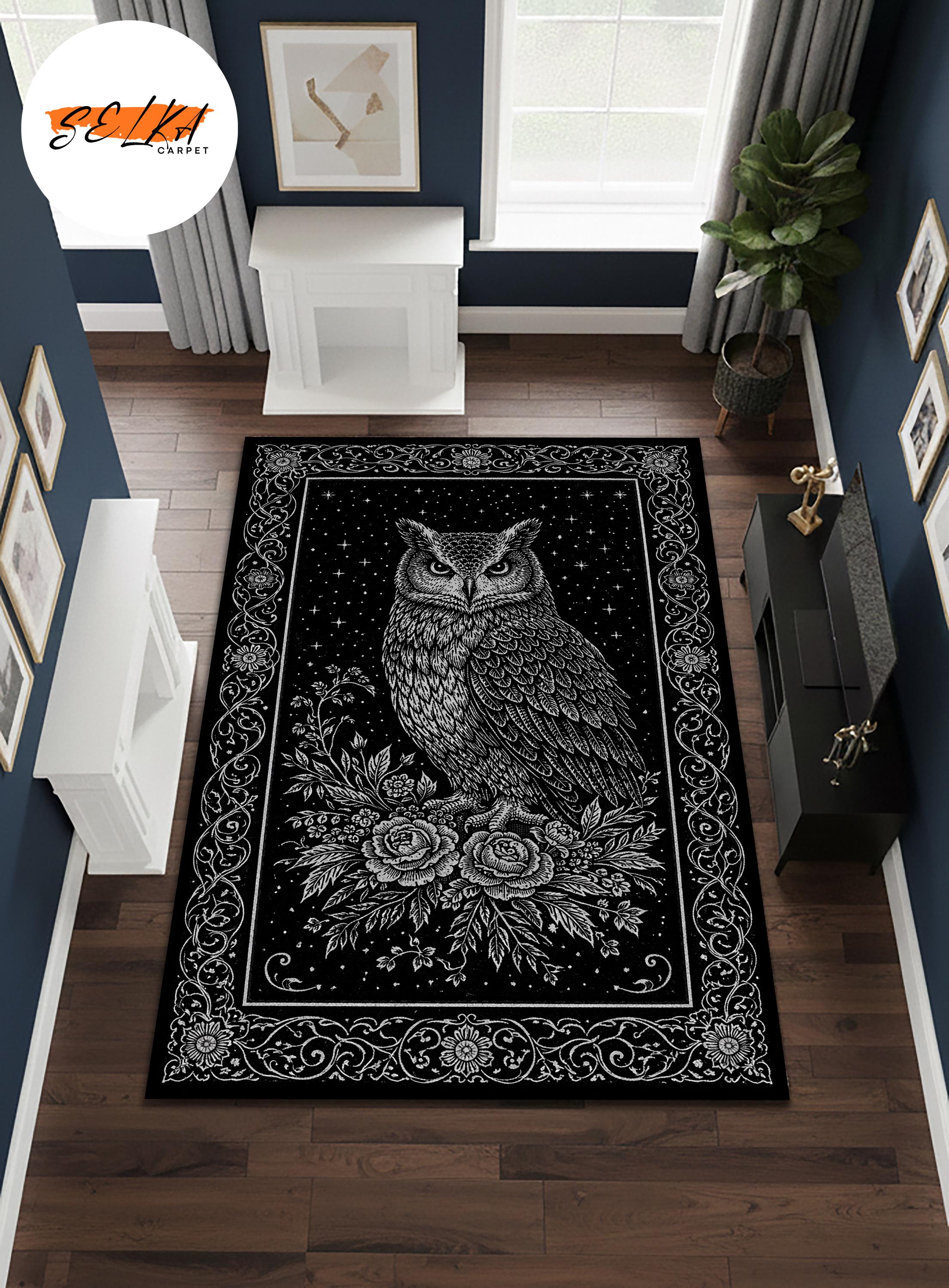 Gothic Owl Rug, Black White Owl Carpet, Dark Academia Area Rug, Mystic Bird Decor, Celestial Owl Mat