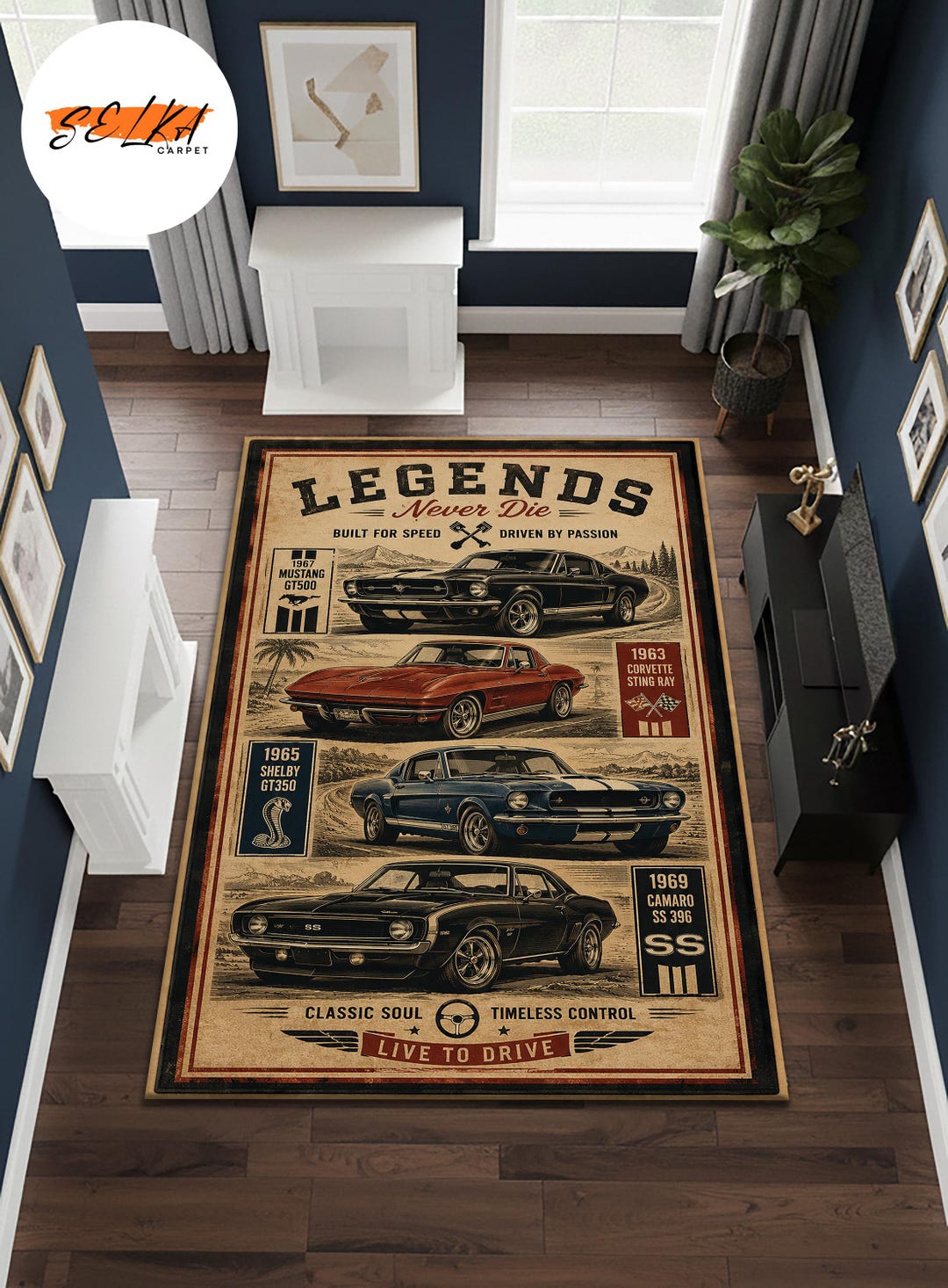Vintage Muscle Car Rug, Classic Car Area Rug, Retro Garage Decor Carpet ...