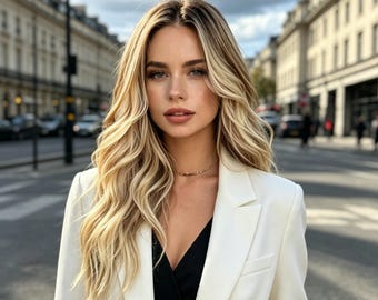 Etiquetas personalizadas, extensiones de cabello rubio ondulado con clip, postizos sintéticos largos ondulados para mujer, resistentes al calor, volumen y longitud instantáneos.