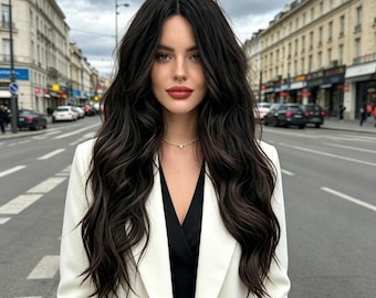 Etiquetas personalizadas, extensiones de cabello negro ondulado con clip, postizos sintéticos largos ondulados para mujer, resistentes al calor, volumen y longitud instantáneos.