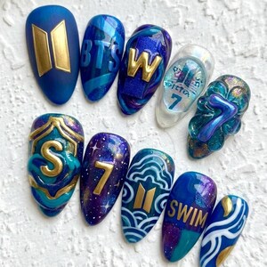 Handcrafted BTS Ocean Press On Nails | 3D Gold Letter Fake Nails | Luxury Cosmic Fandom Custom Nails | Reusable Concert Gift