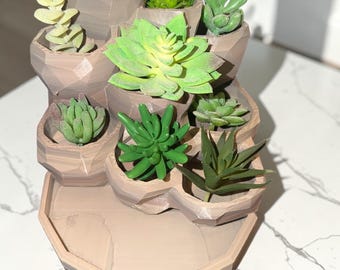 3D-geprinte geometrische vetplantenbak Trio-toren met afvoergaten