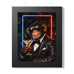 May include: A framed wall art print featuring a chimpanzee wearing a black sequined tuxedo jacket, white shirt, and black bow tie. The chimpanzee wears dark sunglasses and holds a martini glass with olives. A neon blue and red frame surrounds it.