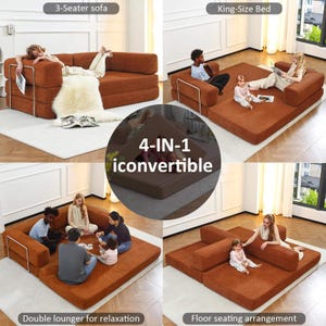 May include: A multi-functional, rust-colored convertible sofa and bed. The image shows the sofa in four different configurations: a 3-seater sofa, a king-size bed, a double lounger, and a floor seating arrangement. The text "4-IN-1 iconvertible" is also visible.