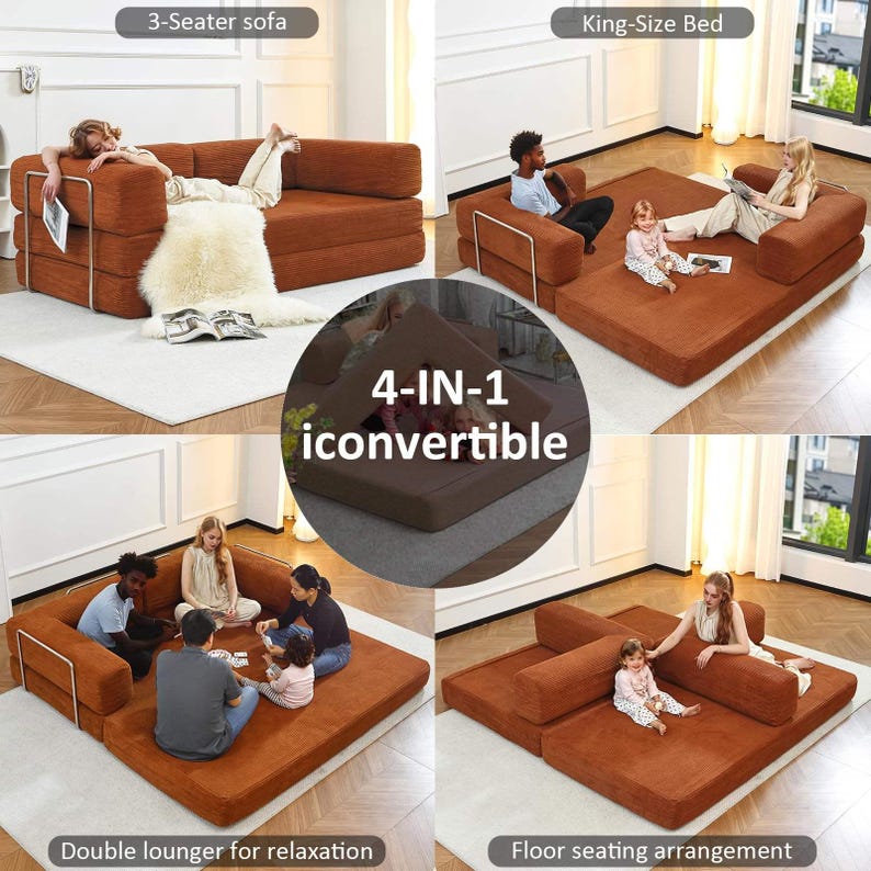 May include: A multi-functional, rust-colored convertible sofa and bed. The image shows the sofa in four different configurations: a 3-seater sofa, a king-size bed, a double lounger, and a floor seating arrangement. The text "4-IN-1 iconvertible" is also visible.