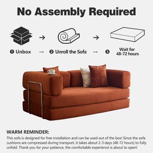 May include: An orange corduroy sofa with three stacked sections and a metal armrest. The image includes the text "No Assembly Required" and a step-by-step guide: unbox, unroll the sofa, and wait 48-72 hours. Decorative pillows are on the sofa.