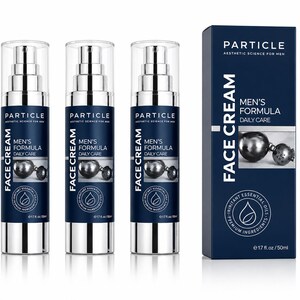 May include: Three silver and navy blue face cream bottles and a navy blue box. The bottles and box have the text "PARTICLE", "MEN'S FORMULA DAILY CARE FACE CREAM", and "e1.7 fl. oz / 50ml". The box also has a graphic of a silver ball.