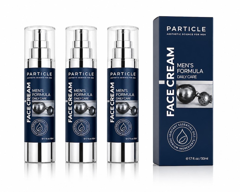 May include: Three silver and navy blue face cream bottles and a navy blue box. The bottles and box have the text "PARTICLE", "MEN'S FORMULA DAILY CARE FACE CREAM", and "e1.7 fl. oz / 50ml". The box also has a graphic of a silver ball.