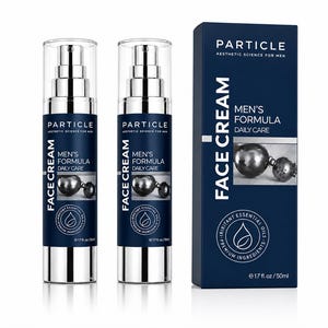 May include: Two silver and navy blue face cream bottles and a navy blue box. The bottles and box have the text "PARTICLE", "MEN'S FORMULA DAILY CARE", and "FACE CREAM". The box also has the text "AESTHETIC SCIENCE FOR MEN". Each bottle contains 17 fl oz / 50ml.