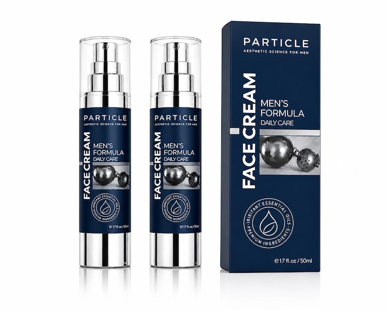 May include: Two silver and navy blue face cream bottles and a navy blue box. The bottles and box have the text "PARTICLE", "MEN'S FORMULA DAILY CARE", and "FACE CREAM". The box also has the text "AESTHETIC SCIENCE FOR MEN". Each bottle contains 17 fl oz / 50ml.