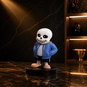 May include: A figurine of a skeleton character with a round white skull, a wide grin, and hollow black eye sockets. The figure wears a bright blue hooded jacket over a white shirt, black shorts, and light brown slippers, standing on a black base.