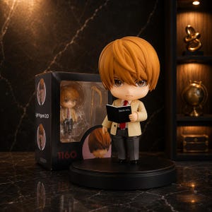 May include: A Light Yagami 2.0 Nendoroid figure with brown hair, wearing a beige blazer, white shirt, red tie, and dark trousers. The figure holds a small black book labelled Death Note. Beside it is a black display box marked 1160 and Light Yagami 2.0.