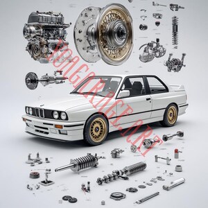 May include: White coupe car with gold alloy wheels, surrounded by detailed mechanical components. The image showcases various car parts, including the engine, suspension, and transmission, arranged around the vehicle. A detailed illustration of automotive engineering.