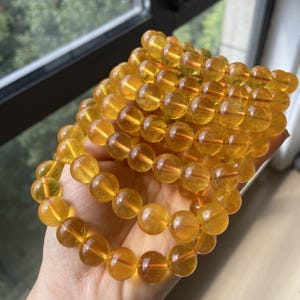 Natural Honey Gold Fluorite Bracelet, Deep Yellow Translucent Crystal Beads, Autumn Stretch Jewelry, Yellow Gemstone Collector Gift
