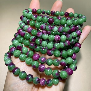 Pulsera de rubí natural en zoisita, joyería de cuentas de anyolita sandía bicolor, inclusiones flotantes de rubí carmesí, regalo curativo para hombres y mujeres.
