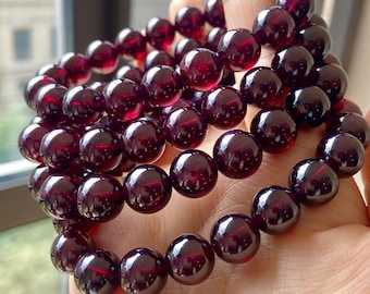 Natural Almandine Garnet Bracelet, Deep Wine Red Round Gemstone Beads