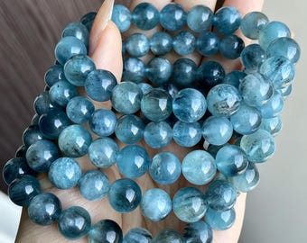 Natural Devil Blue Aquamarine Bracelet, Cat Eye Indigo Teal Beryl Beads