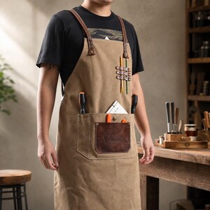 Personalized Canvas Apron, Custom Embossed Name Work Apron, Barista Chef Woodworker Gift, Leather Patch Shop Apron