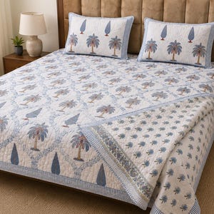 Copriletto trapuntato king size stampato a mano con tecnica block print / Trapunta trapuntata reversibile / Biancheria da letto indiana con motivi floreali / Copriletto Kantha fatto a mano /