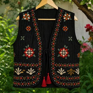 Puede incluir: Chaleco negro con bordados florales y de hojas en rojo, naranja y blanco. El chaleco tiene cuello en V, cierre de lazo y borlas rojas. Cuelga de una percha de madera sobre un fondo verde borroso.