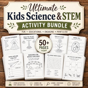 Könnte beinhalten: Ein Ultimate Kids Science & STEM Activity Bundle mit über 50 Seiten. Das Bundle enthält Vulkanexperimente, Turm-Challenges und wissenschaftliche Wortsuchrätsel. Das Design ist schwarz-weiß mit Holzgrund.