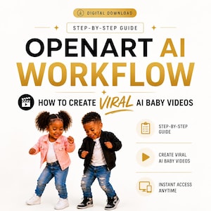 May include: A digital download graphic with the text "OPENART AI WORKFLOW" in gold. The graphic also includes the text "HOW TO CREATE VIRAL AI BABY VIDEOS" and images of two children. Additional text includes "STEP-BY-STEP GUIDE", "CREATE VIRAL AI BABY VIDEOS", and "INSTANT ACCESS ANYTIME".