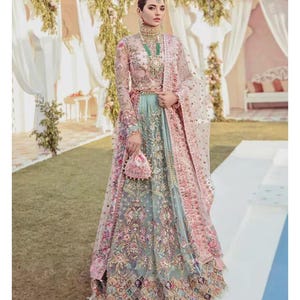 Pastellrosa Lehenga Choli för brud, mintgrön broderad kjol, pakistansk klänning för bröllopsgäster, lyxig 3D-blommig Mehndi-förlovningsoutfit