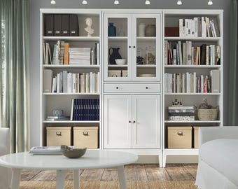 Large White Wooden Bookcase with Glass Doors, Solid Wood Display Cabinet with Drawers, Modern Farmhouse Storage Unit, Living Room Library
