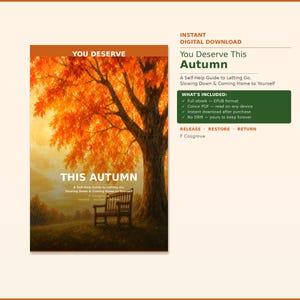 以下が含まれることがあります： 「This Autumn」というタイトルの電子書籍の表紙。オレンジ色の葉を持つ木の風景イラストが描かれています。「You Deserve This Autumn」というタイトルが上部にあります。この本は自己啓発ガイドです。
