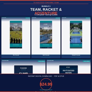 Könnte beinhalten: Ein digitales Produktpaket mit dem Titel "Team, Racket & Adventure" mit 5 Trainingsanleitungen. Die Anleitungen behandeln Themen wie "Play to Succeed", "Padel to Succeed" und "Pickleball to Succeed". Das Produkt ist als sofortiger digitaler Download verfügbar.